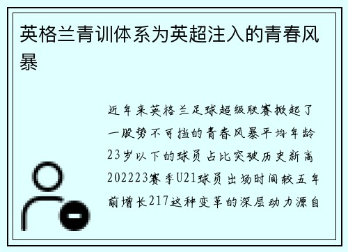 英格兰青训体系为英超注入的青春风暴