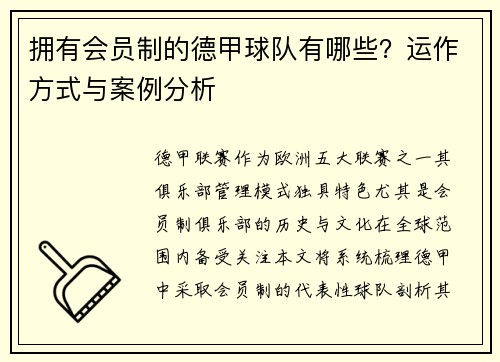 拥有会员制的德甲球队有哪些？运作方式与案例分析